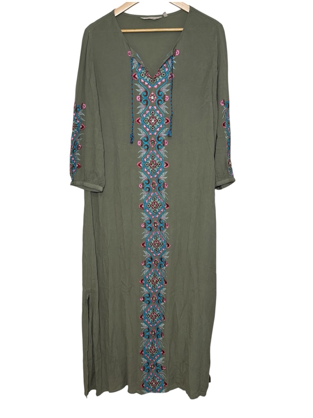 Soft Surroundings Ipanema Dress Medium Sage Embroidered Beaded Kaftan Maxi Boho